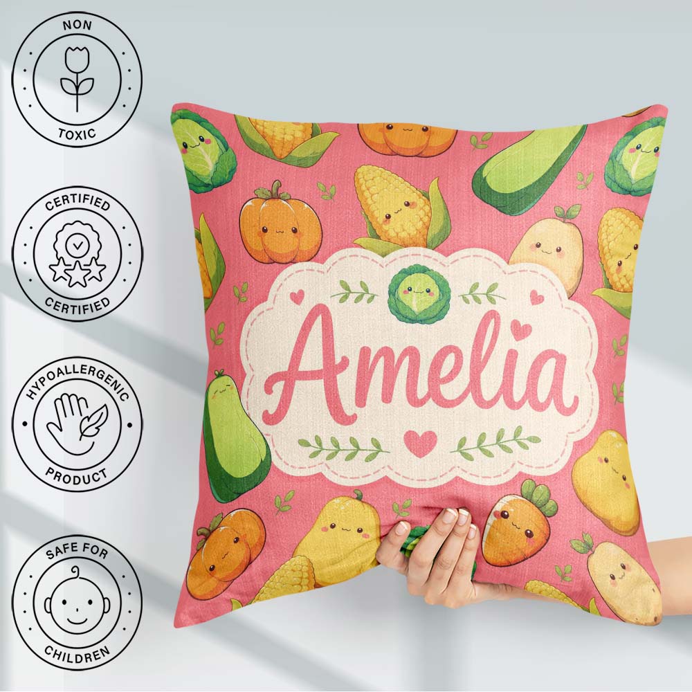 Custom Name Cute Kawaii Vegetables Corn Pumpkin Coral Background Square Filled Cushion Throw Pillow Sofa Bed Home Decor Zip Washable UK Made
