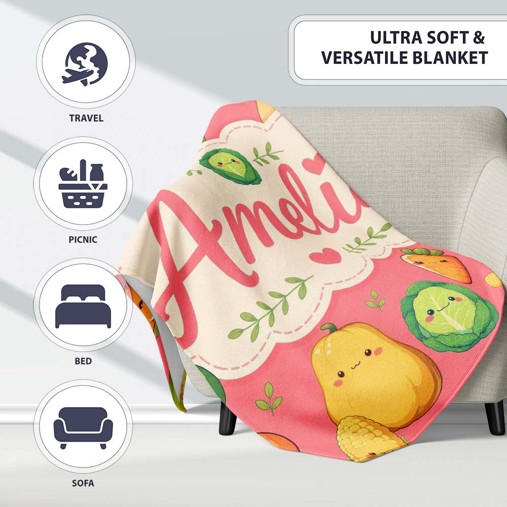 Cute Kawaii Vegetables Corn Carrot Pumpkin Coral Background  Personalised Custom Name Super Soft Fleece Blanket Bed Sofa Throw