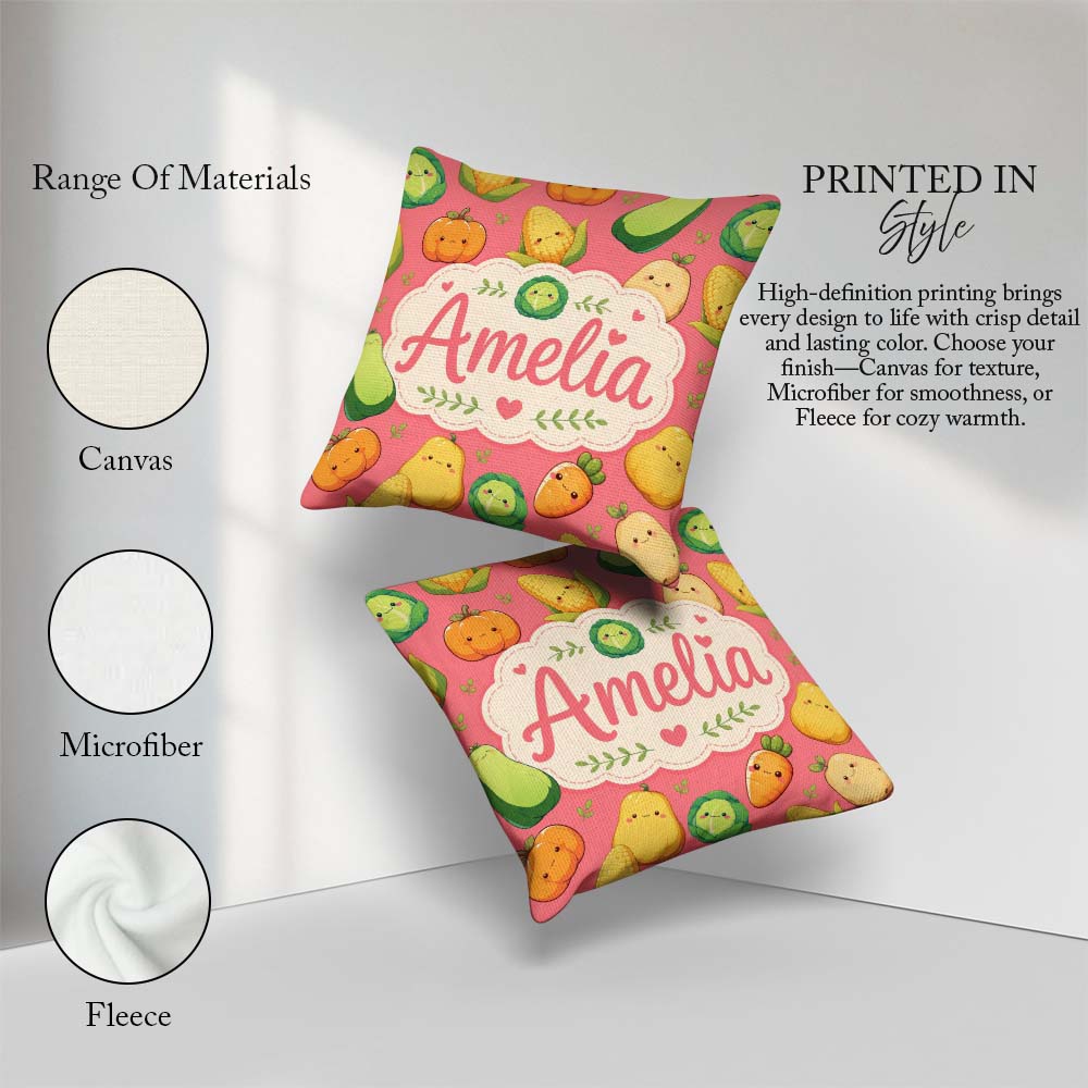 Custom Name Cute Kawaii Vegetables Corn Pumpkin Coral Background Square Filled Cushion Throw Pillow Sofa Bed Home Decor Zip Washable UK Made
