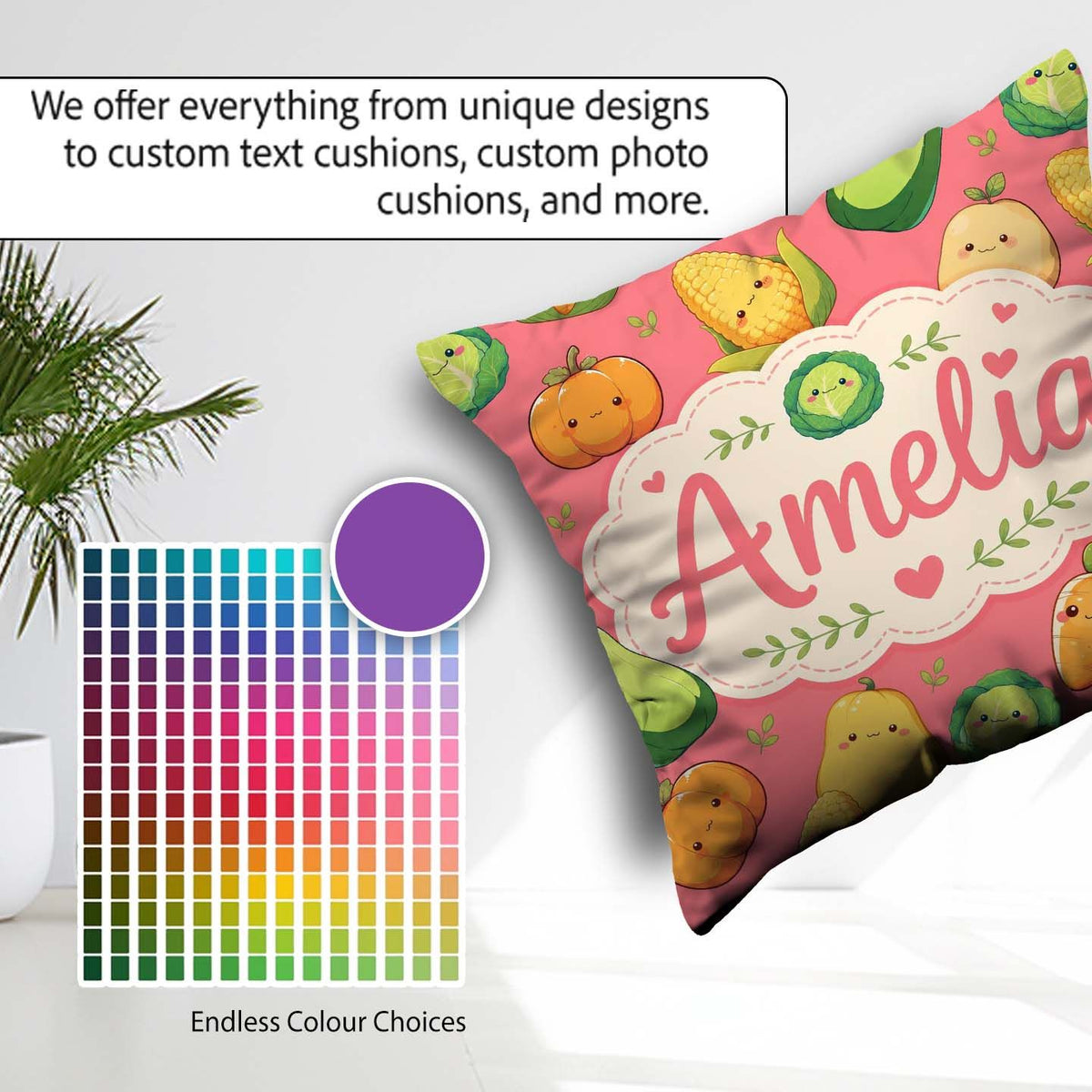 Custom Name Cute Kawaii Vegetables Corn Pumpkin Coral Background Square Filled Cushion Throw Pillow Sofa Bed Home Decor Zip Washable UK Made