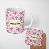 Personalized Custom Name Cute Pink Plant Pots Leaves Strawberry Seamless Pattern Blush Lovely 11oz Ceramic Coffee Tea Mug White Large Handle