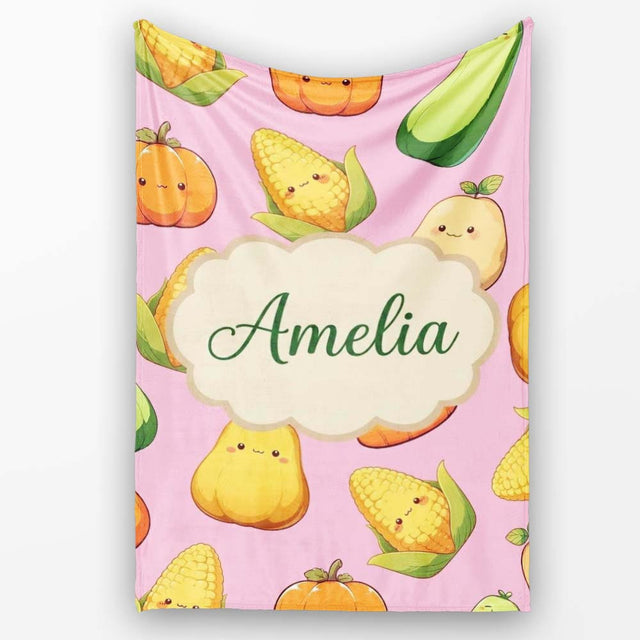 Cute Kawaii Corn Carrot Pumpkin Dusty Pink Background Seamless  Personalised Custom Name Super Soft Fleece Blanket Bed Sofa Throw