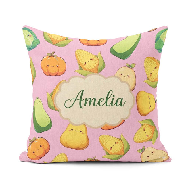 Custom Name Cute Kawaii Corn Carrot Pumpkin Dusty Pink Seamless Square Filled Cushion Throw Pillow Sofa Bed Home Decor Zip Washable UK Made