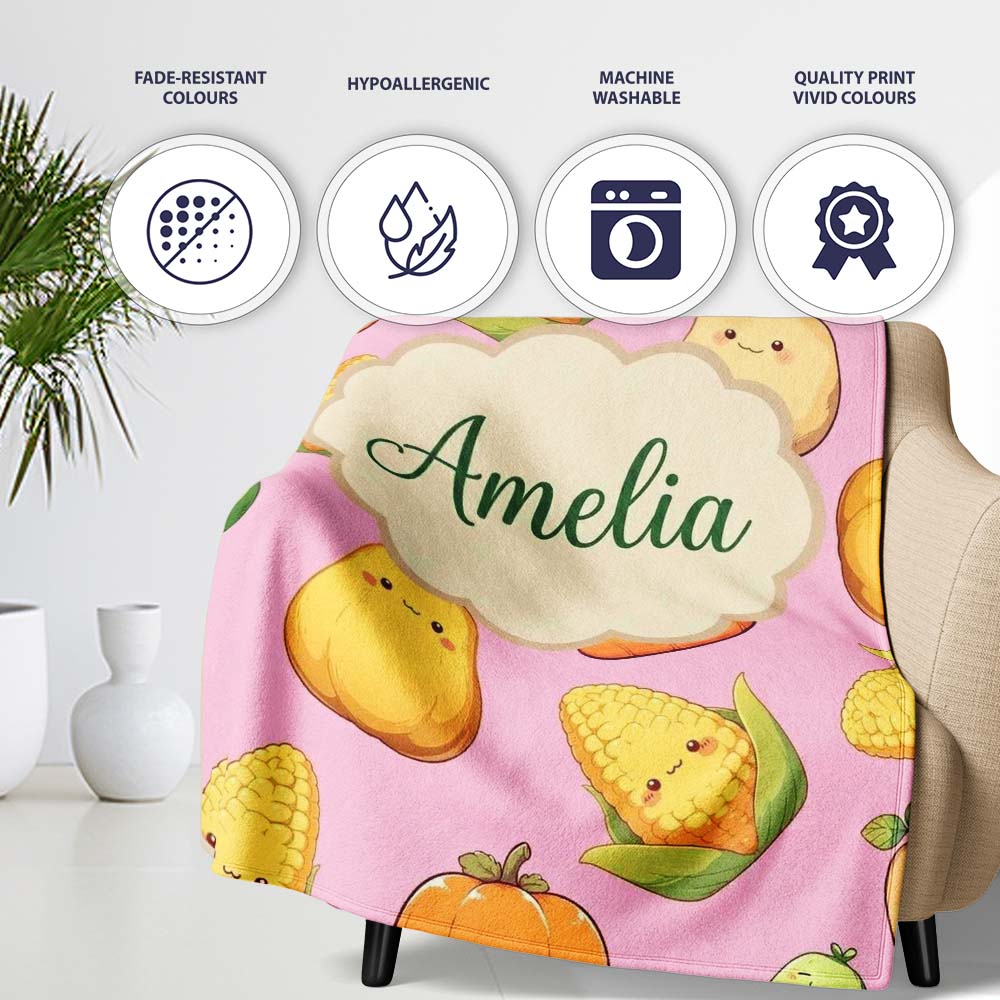 Cute Kawaii Corn Carrot Pumpkin Dusty Pink Background Seamless  Personalised Custom Name Super Soft Fleece Blanket Bed Sofa Throw
