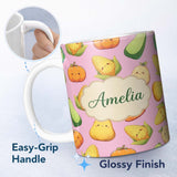 Personalized Custom Name Cute Kawaii Corn Carrot Pumpkin Dusty Pink Background Seamless 11oz Ceramic Coffee Tea Mug White Large Handle