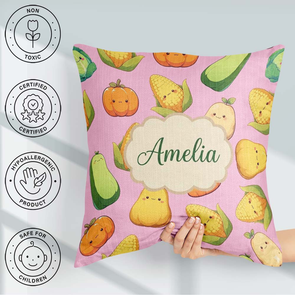 Custom Name Cute Kawaii Corn Carrot Pumpkin Dusty Pink Seamless Square Filled Cushion Throw Pillow Sofa Bed Home Decor Zip Washable UK Made
