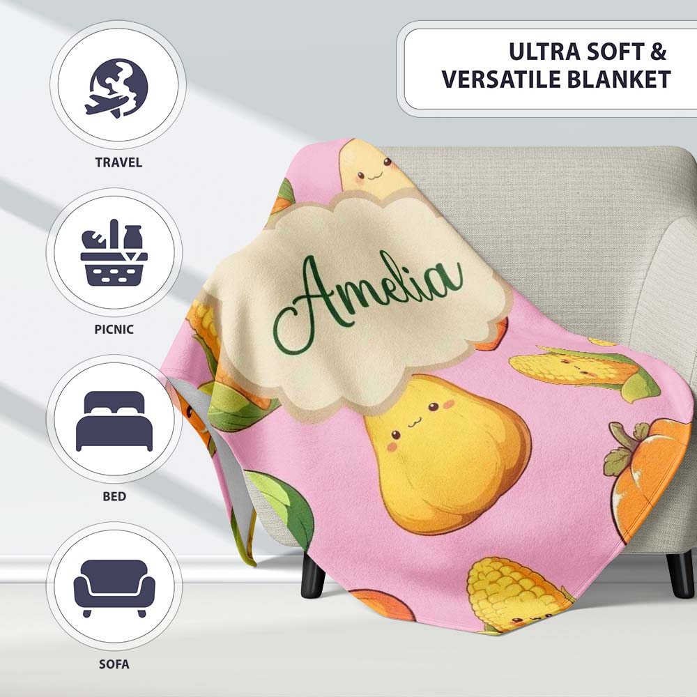 Cute Kawaii Corn Carrot Pumpkin Dusty Pink Background Seamless  Personalised Custom Name Super Soft Fleece Blanket Bed Sofa Throw