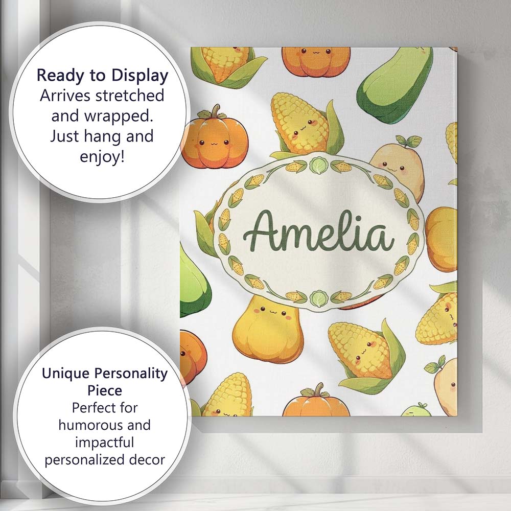 Personalised Name Cute Kawaii Vegetables Custom  Unique Gift Idea Elegant Feature Canvas Wall Art Print Decor Picture Ready to Hang