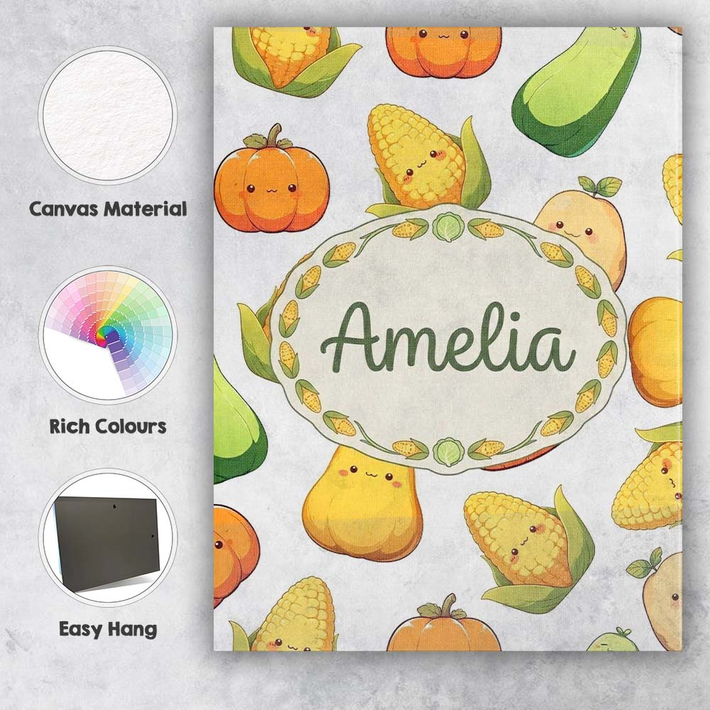 Personalised Name Cute Kawaii Vegetables Custom  Unique Gift Idea Elegant Feature Canvas Wall Art Print Decor Picture Ready to Hang