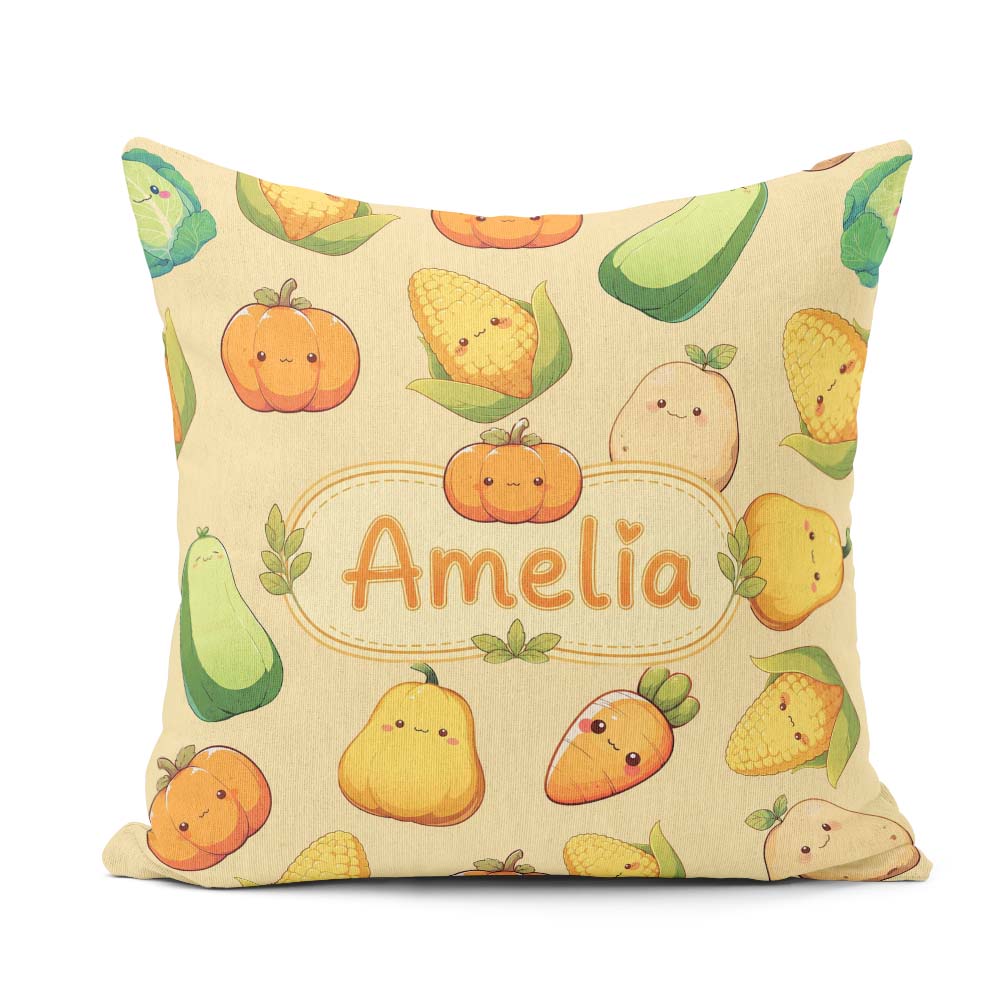Custom Name Cute Kawaii Vegetables Corn Pumpkin Beige Background Square Filled Cushion Throw Pillow Sofa Bed Home Decor Zip Washable UK Made