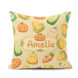 Custom Name Cute Kawaii Vegetables Corn Pumpkin Beige Background Square Filled Cushion Throw Pillow Sofa Bed Home Decor Zip Washable UK Made