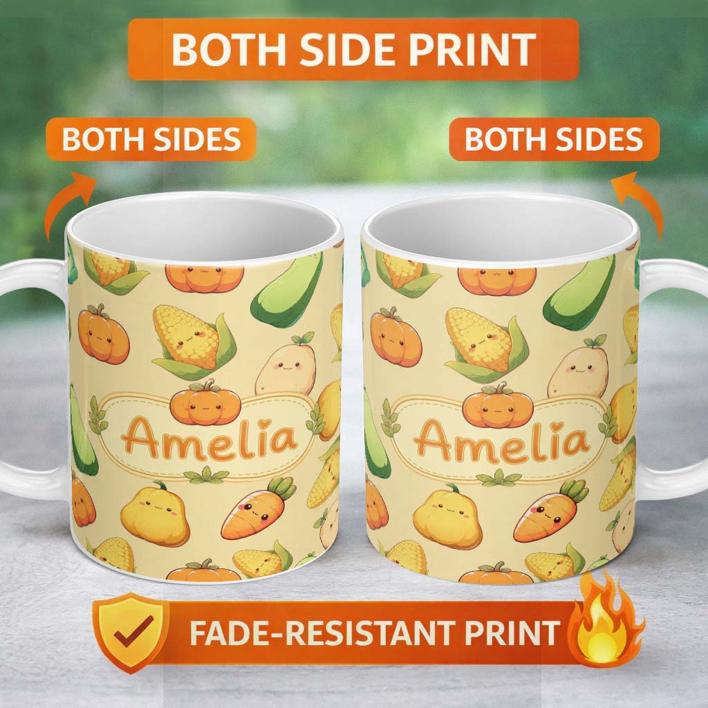 Personalized Custom Name Cute Kawaii Vegetables Corn Carrot Pumpkin Beige Background 11oz Ceramic Coffee Tea Mug White Large Handle
