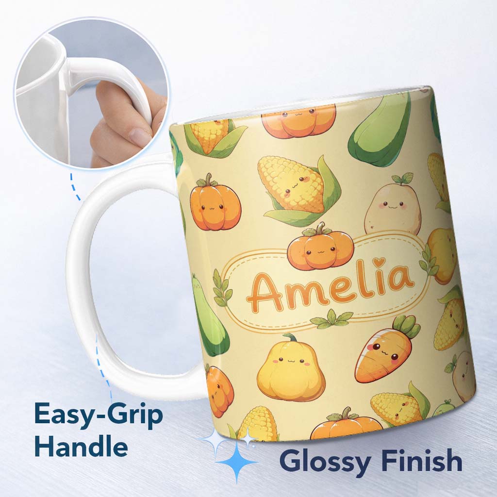 Personalized Custom Name Cute Kawaii Vegetables Corn Carrot Pumpkin Beige Background 11oz Ceramic Coffee Tea Mug White Large Handle