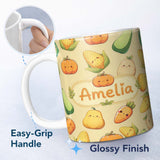 Personalized Custom Name Cute Kawaii Vegetables Corn Carrot Pumpkin Beige Background 11oz Ceramic Coffee Tea Mug White Large Handle