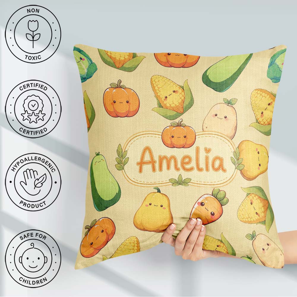 Custom Name Cute Kawaii Vegetables Corn Pumpkin Beige Background Square Filled Cushion Throw Pillow Sofa Bed Home Decor Zip Washable UK Made