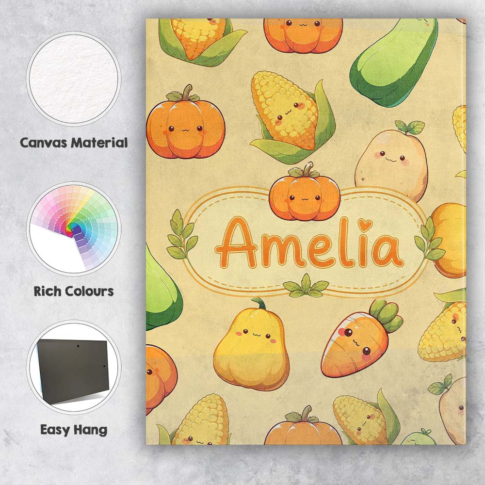 Personalised Name Cute Kawaii Vegetables Custom  Unique Gift Idea Elegant Feature Canvas Wall Art Print Decor Picture Ready to Hang