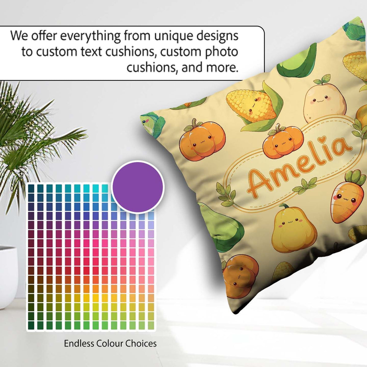 Custom Name Cute Kawaii Vegetables Corn Pumpkin Beige Background Square Filled Cushion Throw Pillow Sofa Bed Home Decor Zip Washable UK Made
