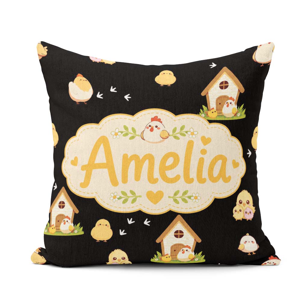 Custom Name Baby Chick Hen Coop Farm Black Seamless Pattern Name Square Filled Cushion Throw Pillow Sofa Bed Home Decor Zip Washable UK Made