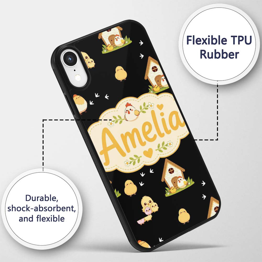 Cute Baby Chick Hen Coop Farm Black Background Custom Name Protective Phone Case Mobile Cover Durable Everyday Smartphone Shock Resistant
