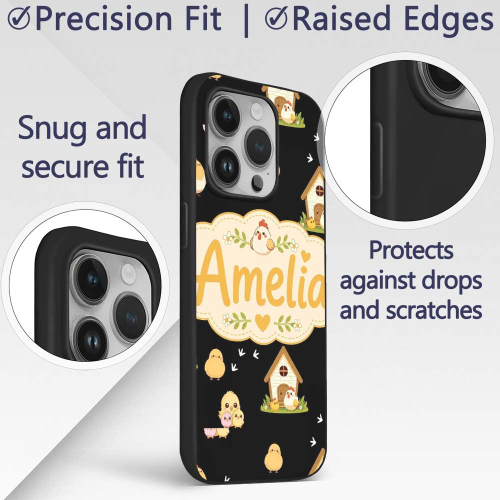 Cute Baby Chick Hen Coop Farm Black Background Custom Name Protective Phone Case Mobile Cover Durable Everyday Smartphone Shock Resistant