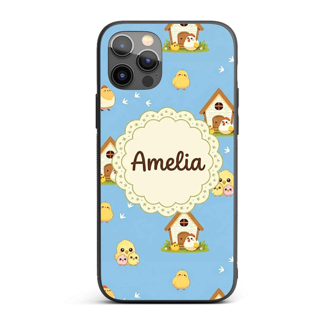 Cute Baby Chick Hen Coop Farm Blue Background Custom Name Protective Phone Case Mobile Cover Durable Everyday Smartphone Shock Resistant