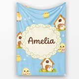 Cute Baby Chick Hen Coop Farm Blue Background Seamless Pattern  Personalised Custom Name Super Soft Fleece Blanket Bed Sofa Throw