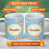 Personalized Custom Name Cute Baby Chick Hen Coop Farm Blue Background Seamless Pattern 11oz Ceramic Coffee Tea Mug White Large Handle