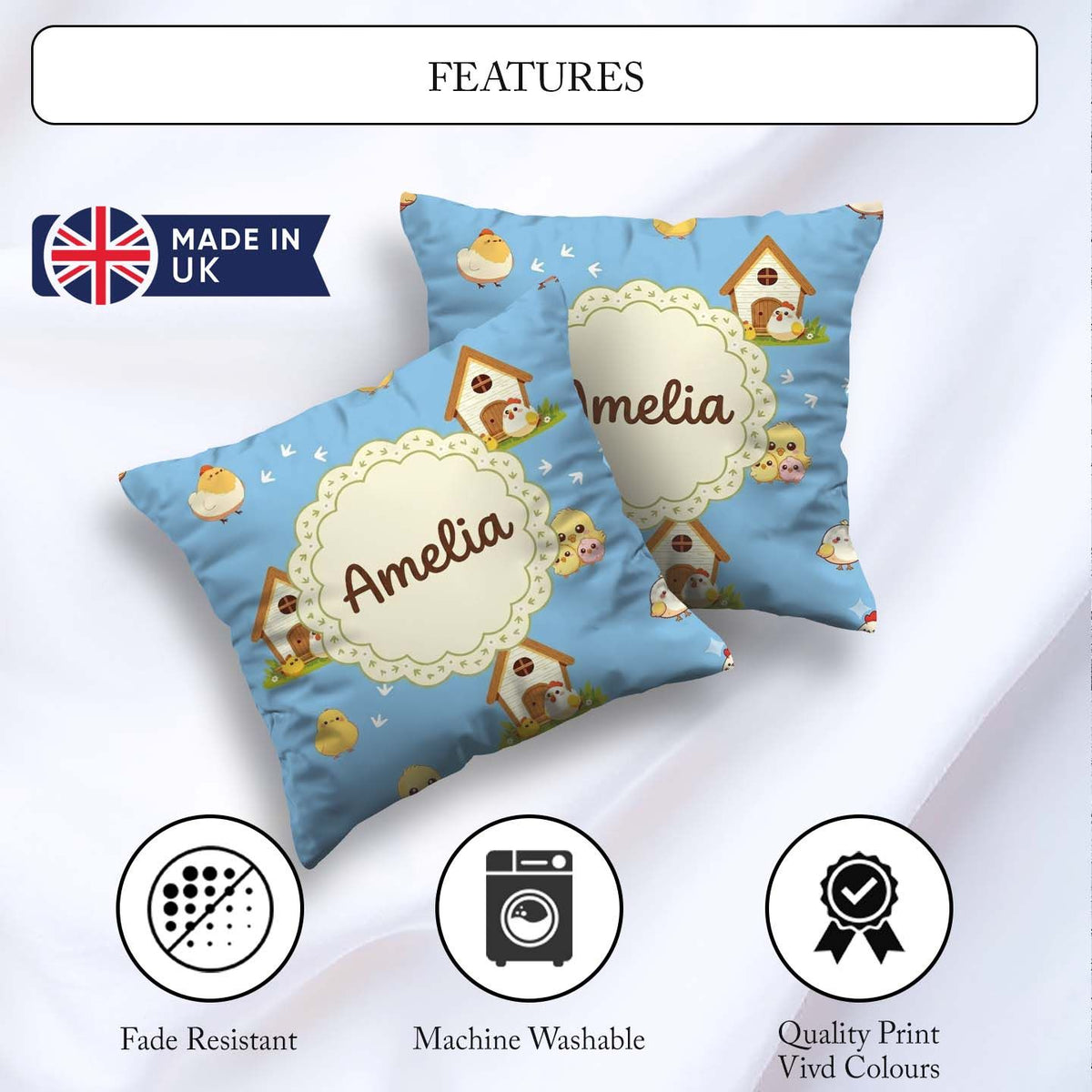 Custom Name Cute Baby Chick Hen Coop Farm Blue Seamless Pattern Square Filled Cushion Throw Pillow Sofa Bed Home Decor Zip Washable UK Made