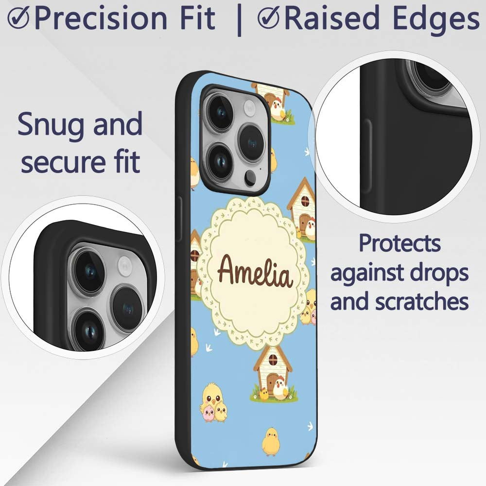Cute Baby Chick Hen Coop Farm Blue Background Custom Name Protective Phone Case Mobile Cover Durable Everyday Smartphone Shock Resistant