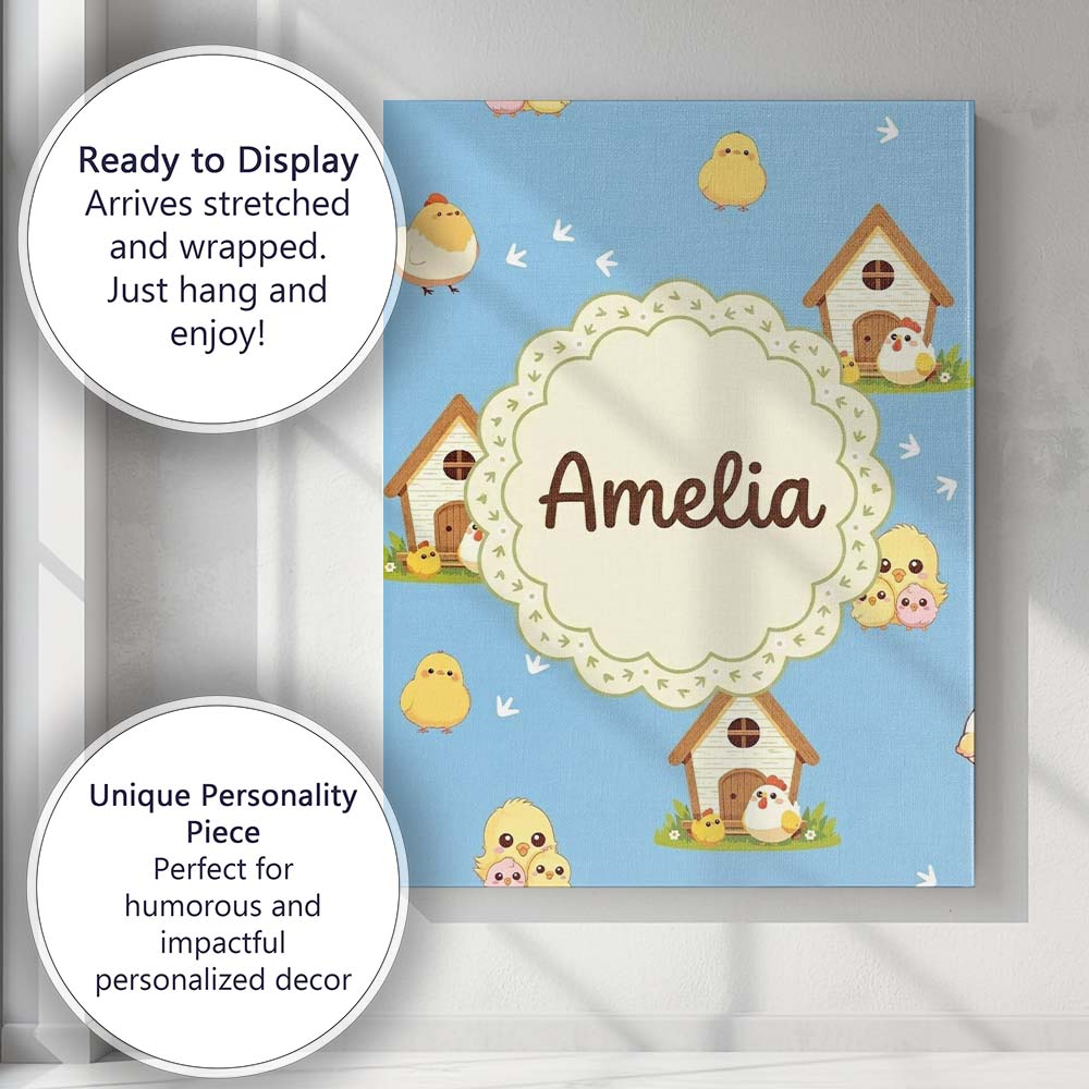 Personalised Name Cute Baby Chick Hen Coop Custom  Unique Gift Idea Elegant Feature Canvas Wall Art Print Decor Picture Ready to Hang