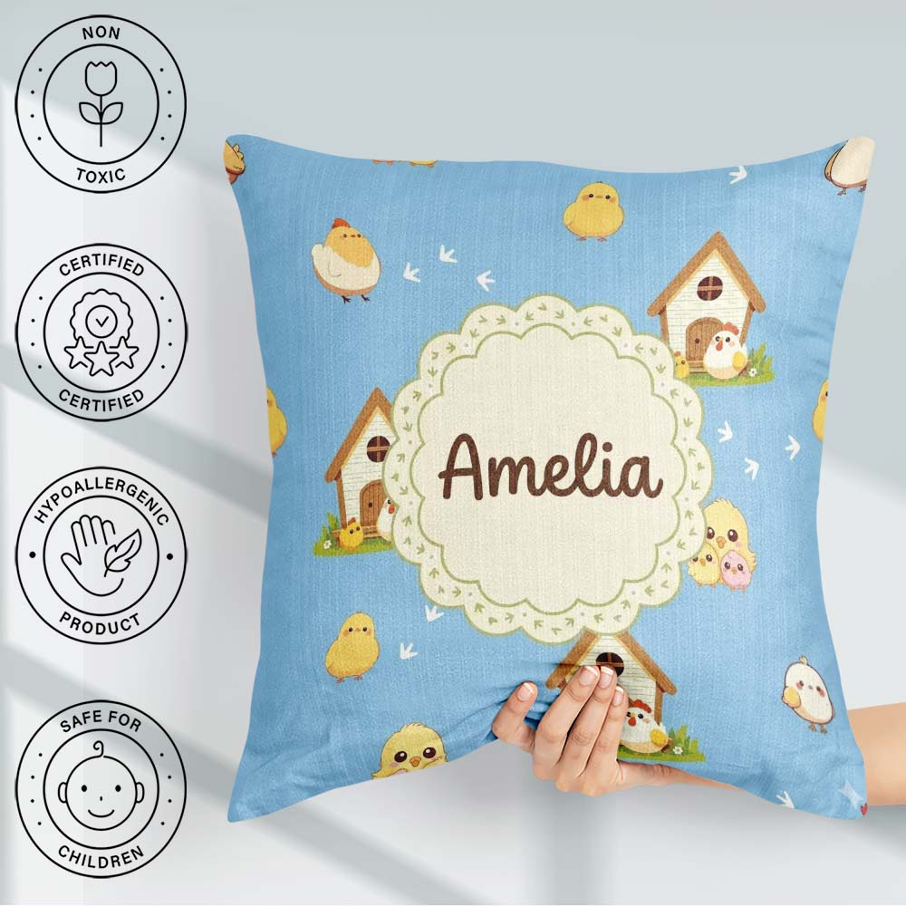 Custom Name Cute Baby Chick Hen Coop Farm Blue Seamless Pattern Square Filled Cushion Throw Pillow Sofa Bed Home Decor Zip Washable UK Made