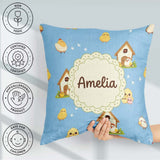 Custom Name Cute Baby Chick Hen Coop Farm Blue Seamless Pattern Square Filled Cushion Throw Pillow Sofa Bed Home Decor Zip Washable UK Made