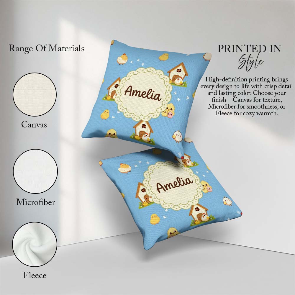 Custom Name Cute Baby Chick Hen Coop Farm Blue Seamless Pattern Square Filled Cushion Throw Pillow Sofa Bed Home Decor Zip Washable UK Made