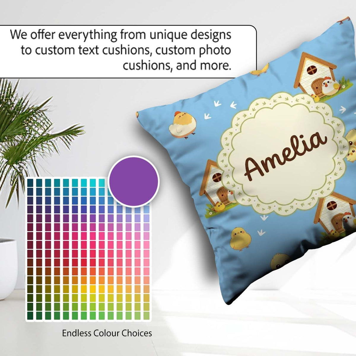 Custom Name Cute Baby Chick Hen Coop Farm Blue Seamless Pattern Square Filled Cushion Throw Pillow Sofa Bed Home Decor Zip Washable UK Made