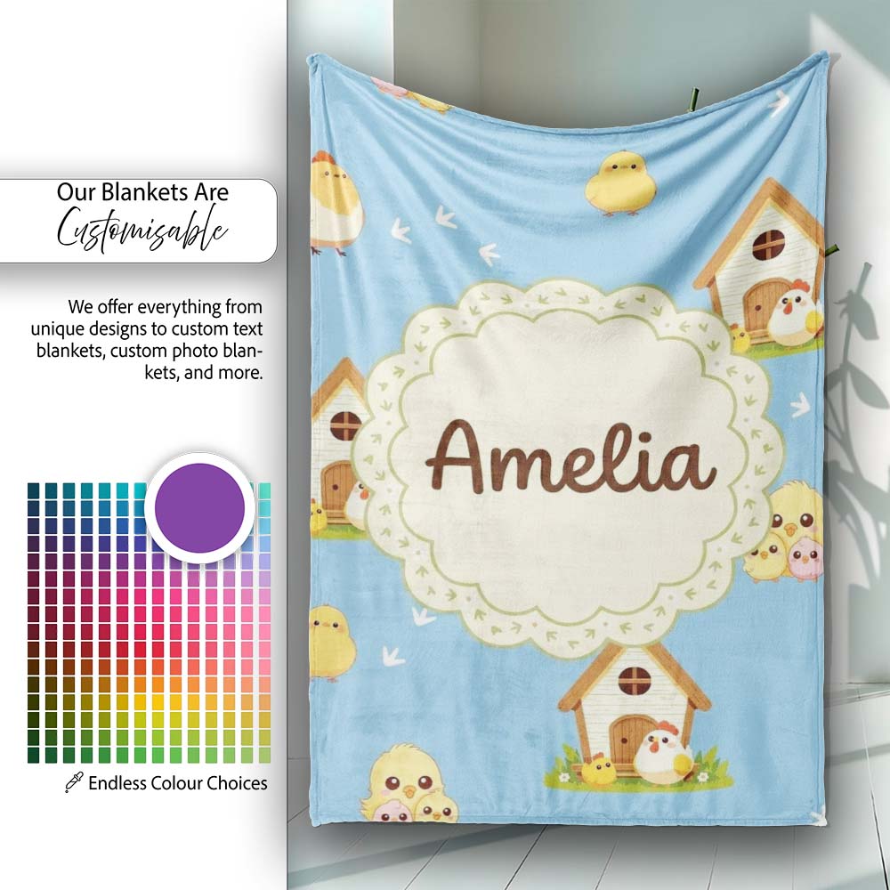 Cute Baby Chick Hen Coop Farm Blue Background Seamless Pattern  Personalised Custom Name Super Soft Fleece Blanket Bed Sofa Throw