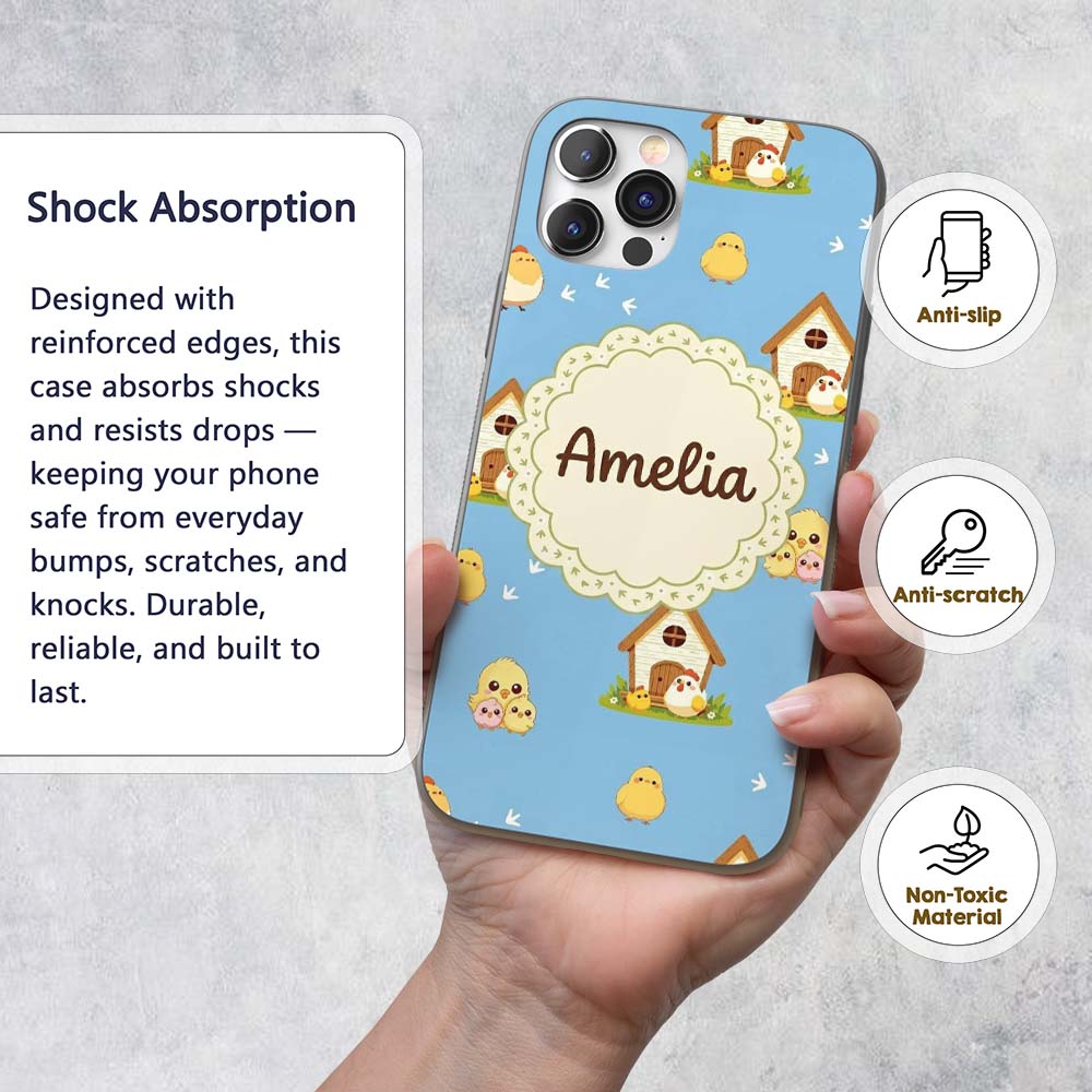 Cute Baby Chick Hen Coop Farm Blue Background Custom Name Protective Phone Case Mobile Cover Durable Everyday Smartphone Shock Resistant