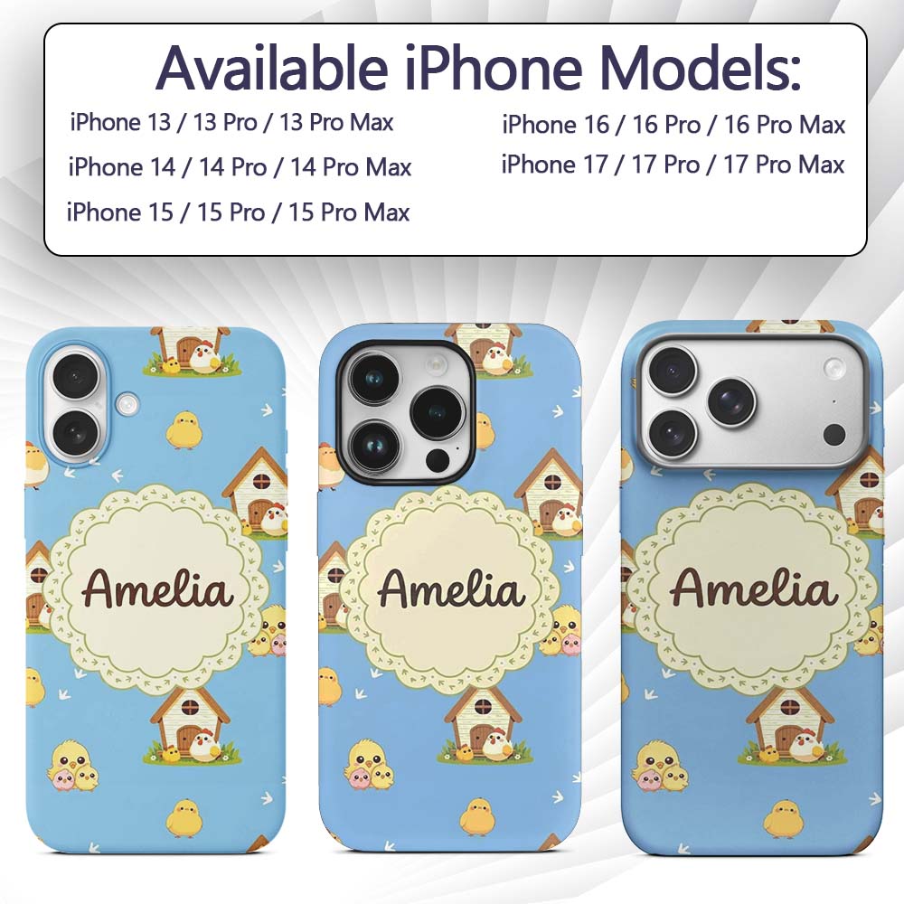 Cute Baby Chick Hen Coop Farm Blue Background Custom Name Protective Phone Case Mobile Cover Durable Everyday Smartphone Shock Resistant
