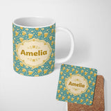 Personalized Custom Name Golden Popcorn Buckets and Scattered Kernels on Blue Background 11oz Ceramic Coffee Tea Mug White Large Handle