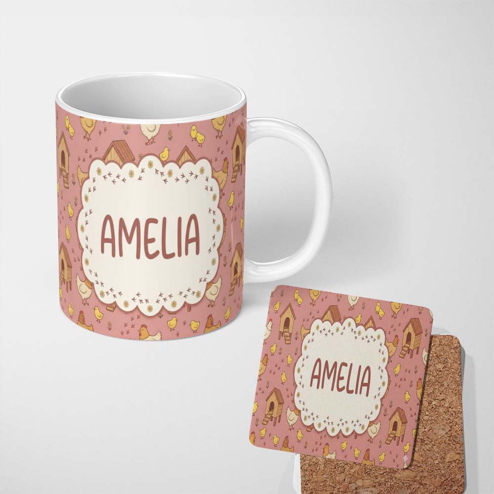 Personalized Custom Name Cute Baby Chick Hen Coop Farm Peach Background Seamless Pattern Name 11oz Ceramic Coffee Tea Mug White Large Handle