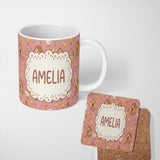 Personalized Custom Name Cute Baby Chick Hen Coop Farm Peach Background Seamless Pattern Name 11oz Ceramic Coffee Tea Mug White Large Handle