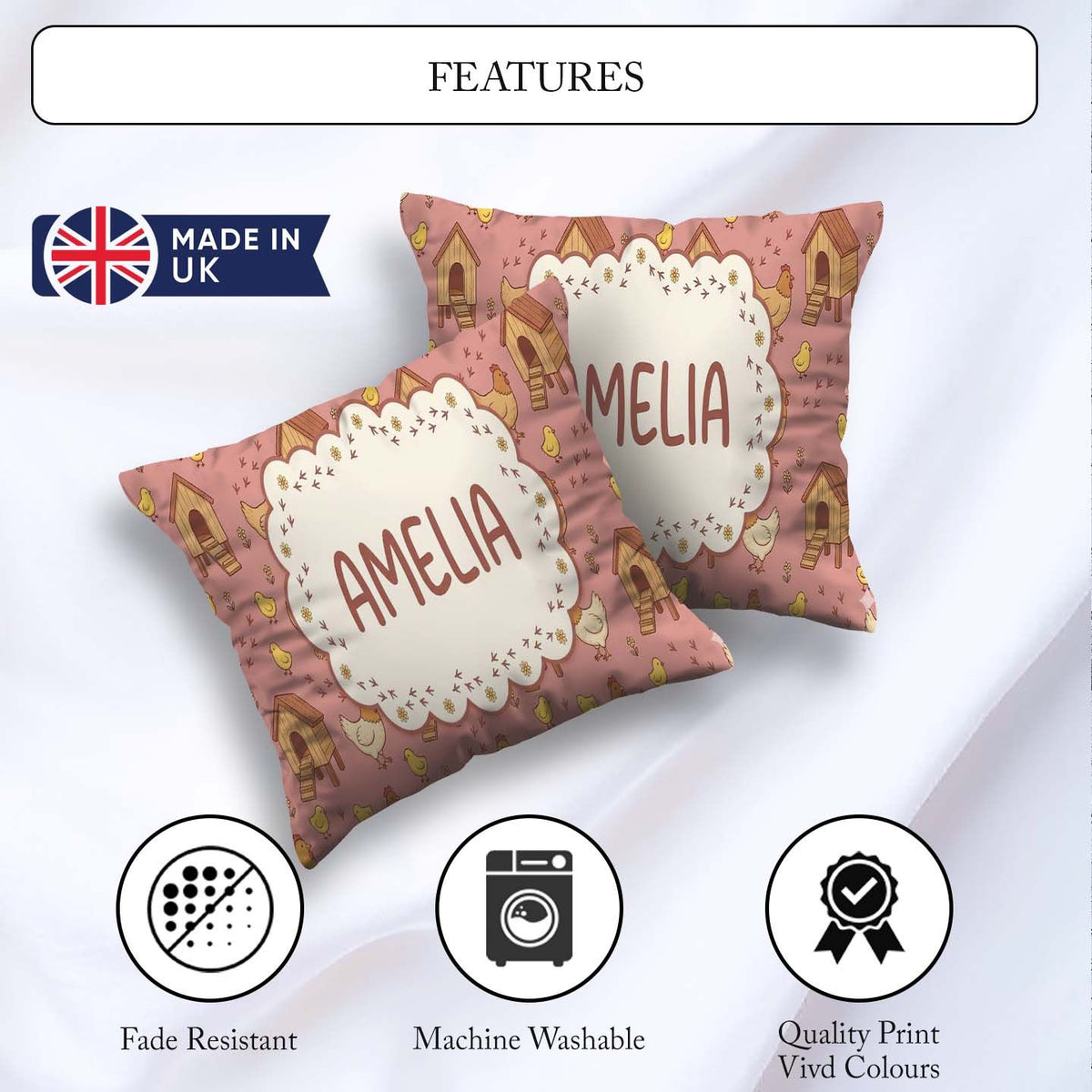 Custom Name Baby Chick Hen Coop Farm Peach Seamless Pattern Name Square Filled Cushion Throw Pillow Sofa Bed Home Decor Zip Washable UK Made