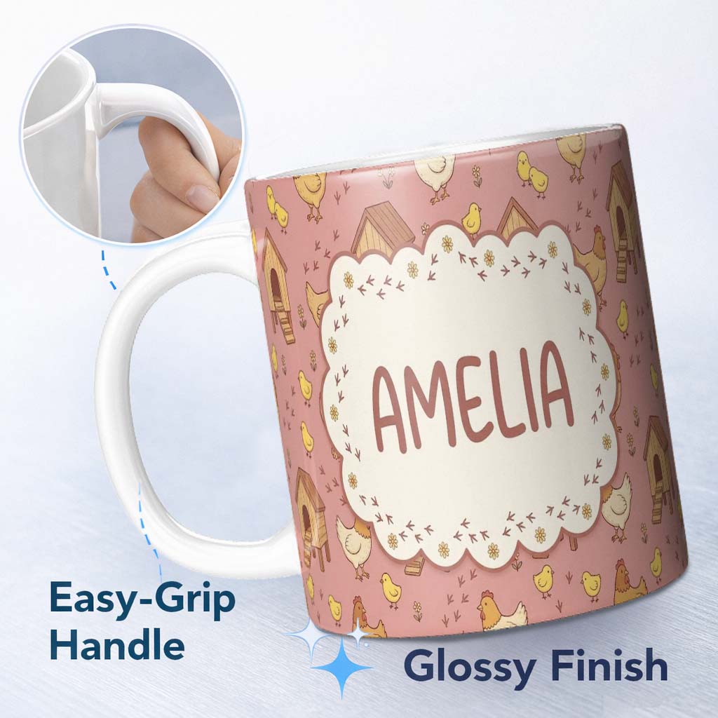 Personalized Custom Name Cute Baby Chick Hen Coop Farm Peach Background Seamless Pattern Name 11oz Ceramic Coffee Tea Mug White Large Handle