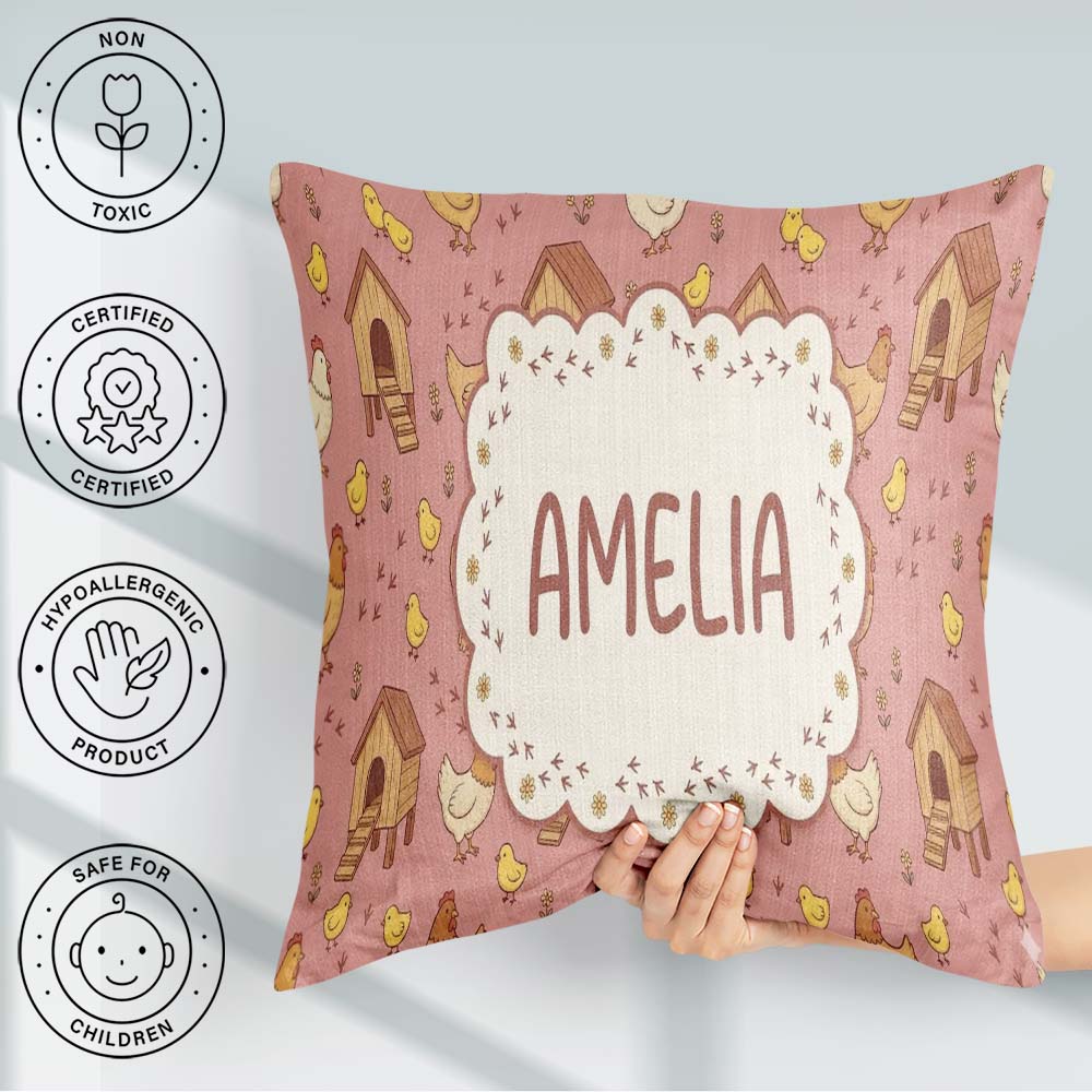 Custom Name Baby Chick Hen Coop Farm Peach Seamless Pattern Name Square Filled Cushion Throw Pillow Sofa Bed Home Decor Zip Washable UK Made