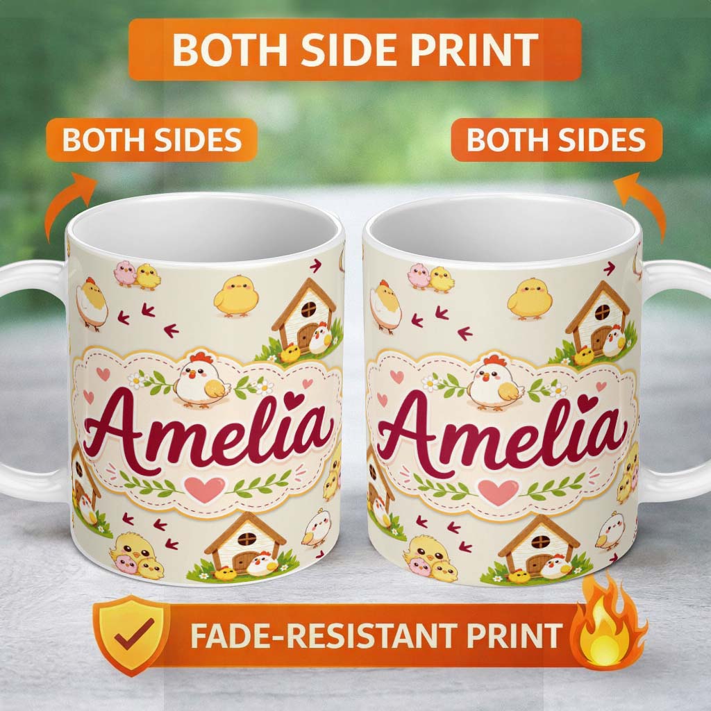Personalized Custom Name Cute Baby Chick Hen Coop Farm Cream Background Seamless Pattern Name 11oz Ceramic Coffee Tea Mug White Large Handle