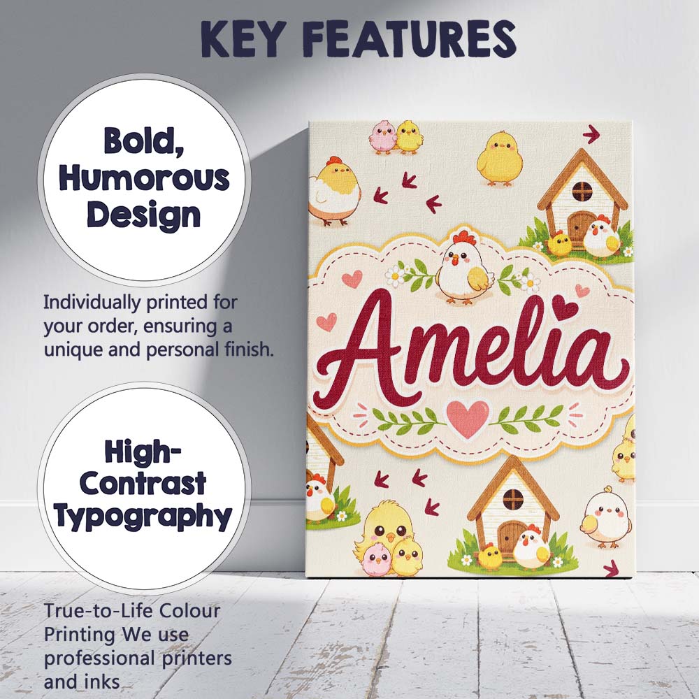 Personalised Name Cute Baby Chick Hen Coop Custom  Unique Gift Idea Elegant Feature Canvas Wall Art Print Decor Picture Ready to Hang
