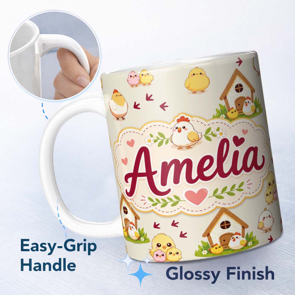 Personalized Custom Name Cute Baby Chick Hen Coop Farm Cream Background Seamless Pattern Name 11oz Ceramic Coffee Tea Mug White Large Handle
