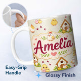Personalized Custom Name Cute Baby Chick Hen Coop Farm Cream Background Seamless Pattern Name 11oz Ceramic Coffee Tea Mug White Large Handle