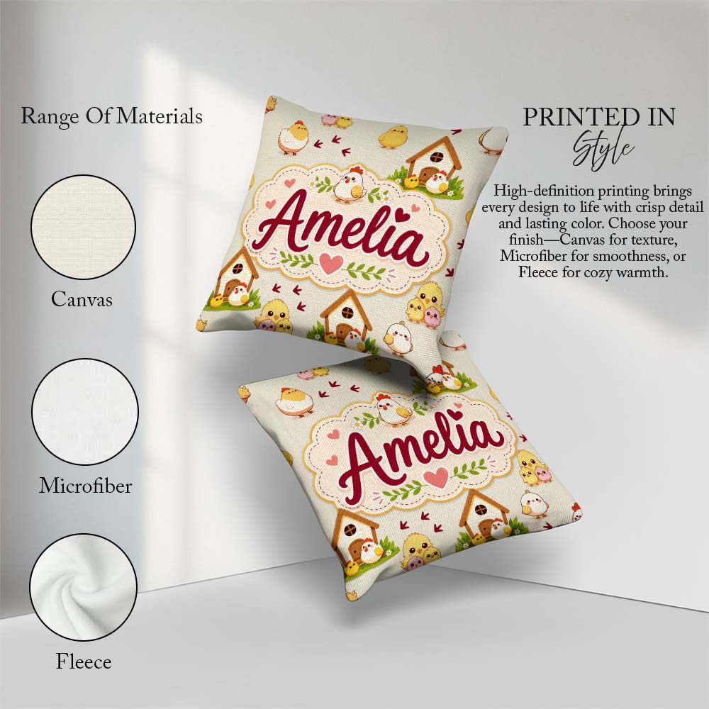 Custom Name Baby Chick Hen Coop Farm Cream Seamless Pattern Name Square Filled Cushion Throw Pillow Sofa Bed Home Decor Zip Washable UK Made