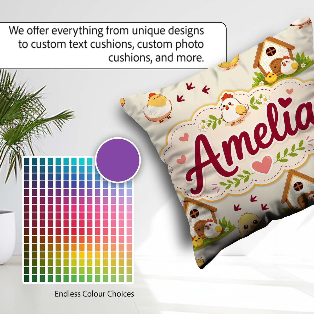 Custom Name Baby Chick Hen Coop Farm Cream Seamless Pattern Name Square Filled Cushion Throw Pillow Sofa Bed Home Decor Zip Washable UK Made