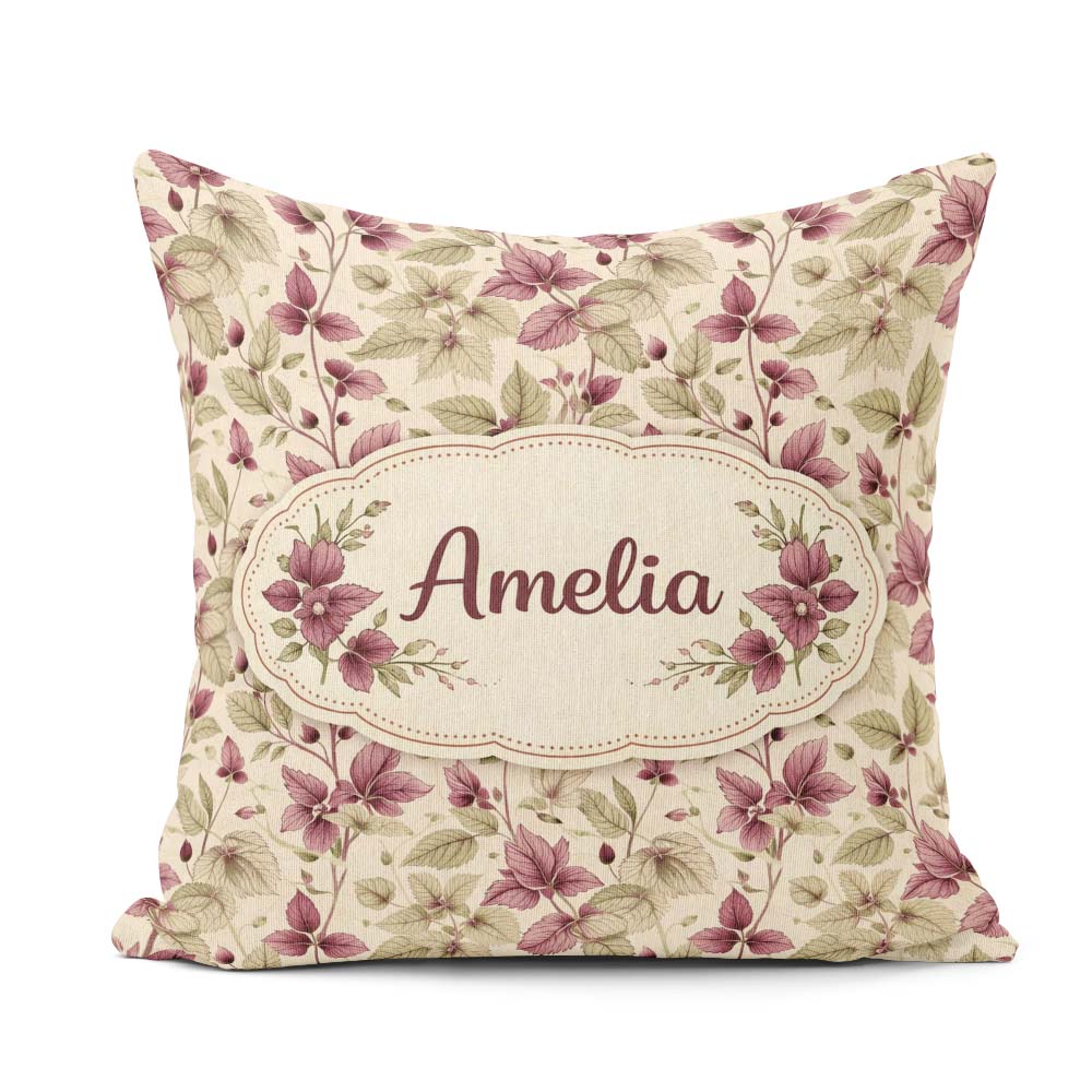 Custom Name Purple Botanical Leaves Watercolor Seamless Pattern Square Filled Cushion Throw Pillow Sofa Bed Home Decor Zip Washable UK Made